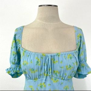 Faithfull The Brand Iris Mini Dress Blue Yellow Floral Puff  Sleeve 10 XL $260